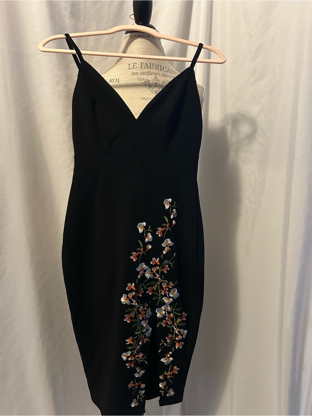 Black Floral-Embroidered Spaghetti Strap Dress